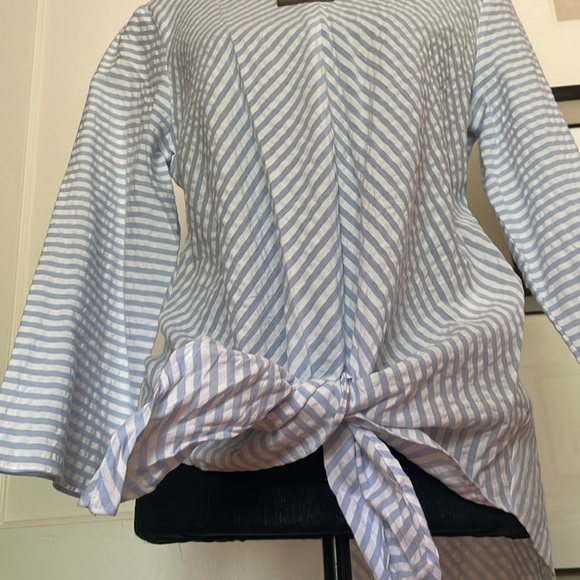 Zara Striped Blue and White Tie Front 3/4 Sleeve Blouse 💯 Cotton Size M - Picture 4 of 13